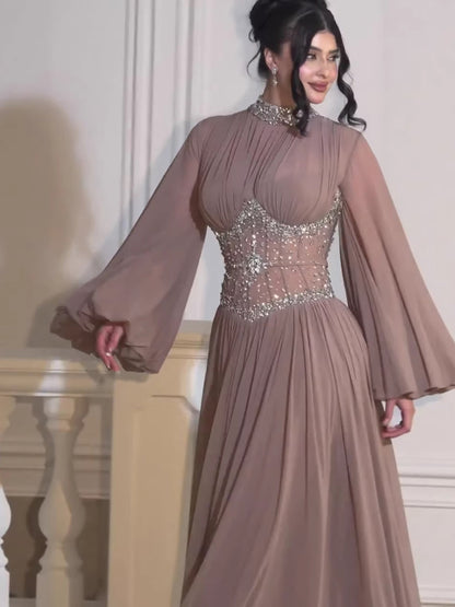 Luxury Brown Crystal Beaded A-Line Evening Dress LA73629