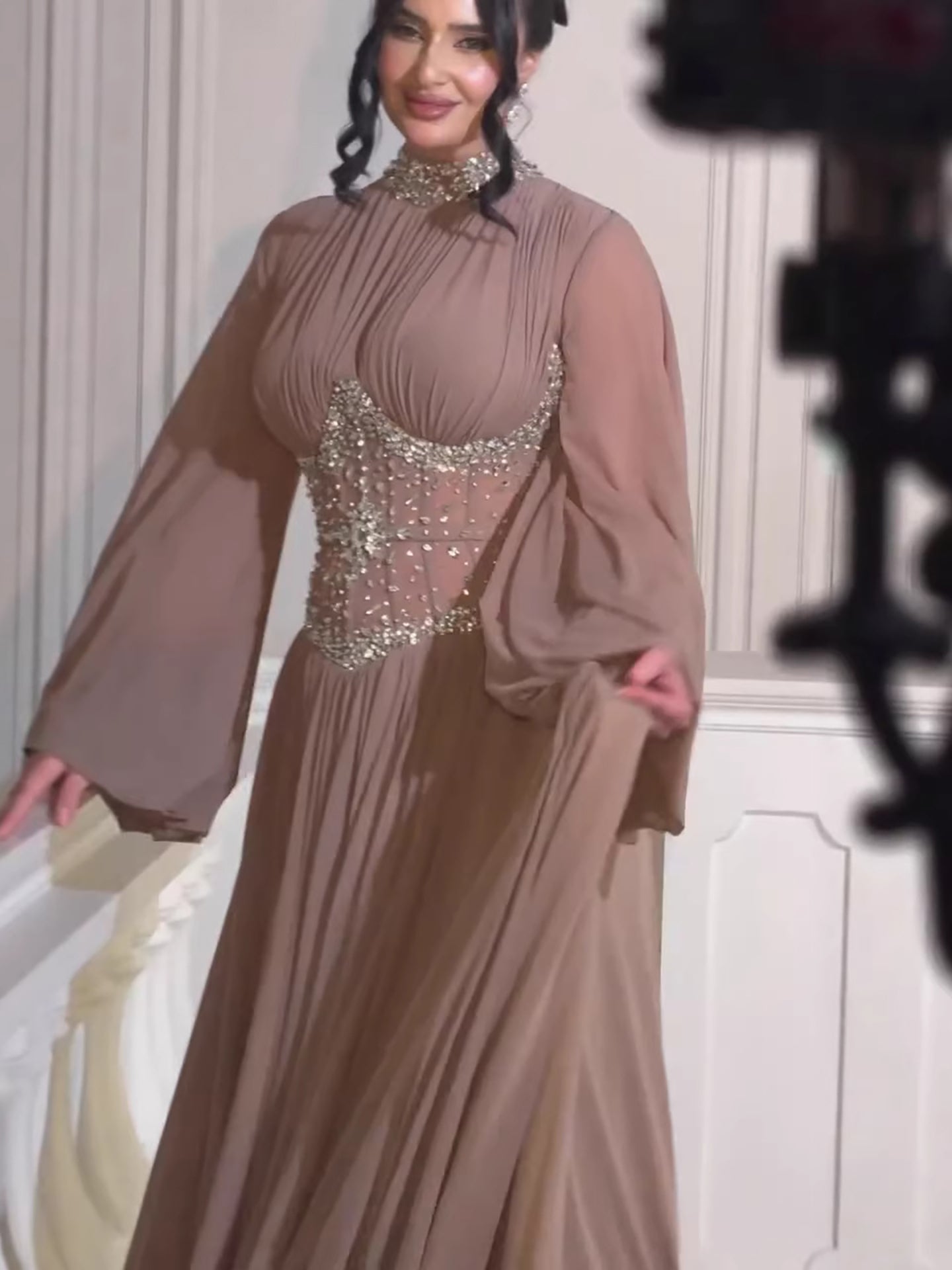 Luxury Brown Crystal Beaded A-Line Evening Dress LA73629