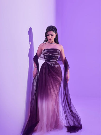 Wine Red Strapless Beaded Evening Dress LA73630