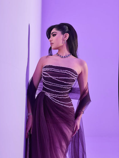 Wine Red Strapless Beaded Evening Dress LA73630