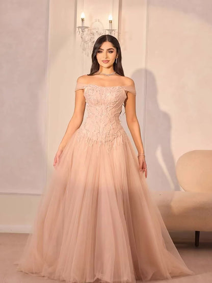 Luxury Pink Beaded A-Line Off-Shoulder Tulle Evening Dress LA73631