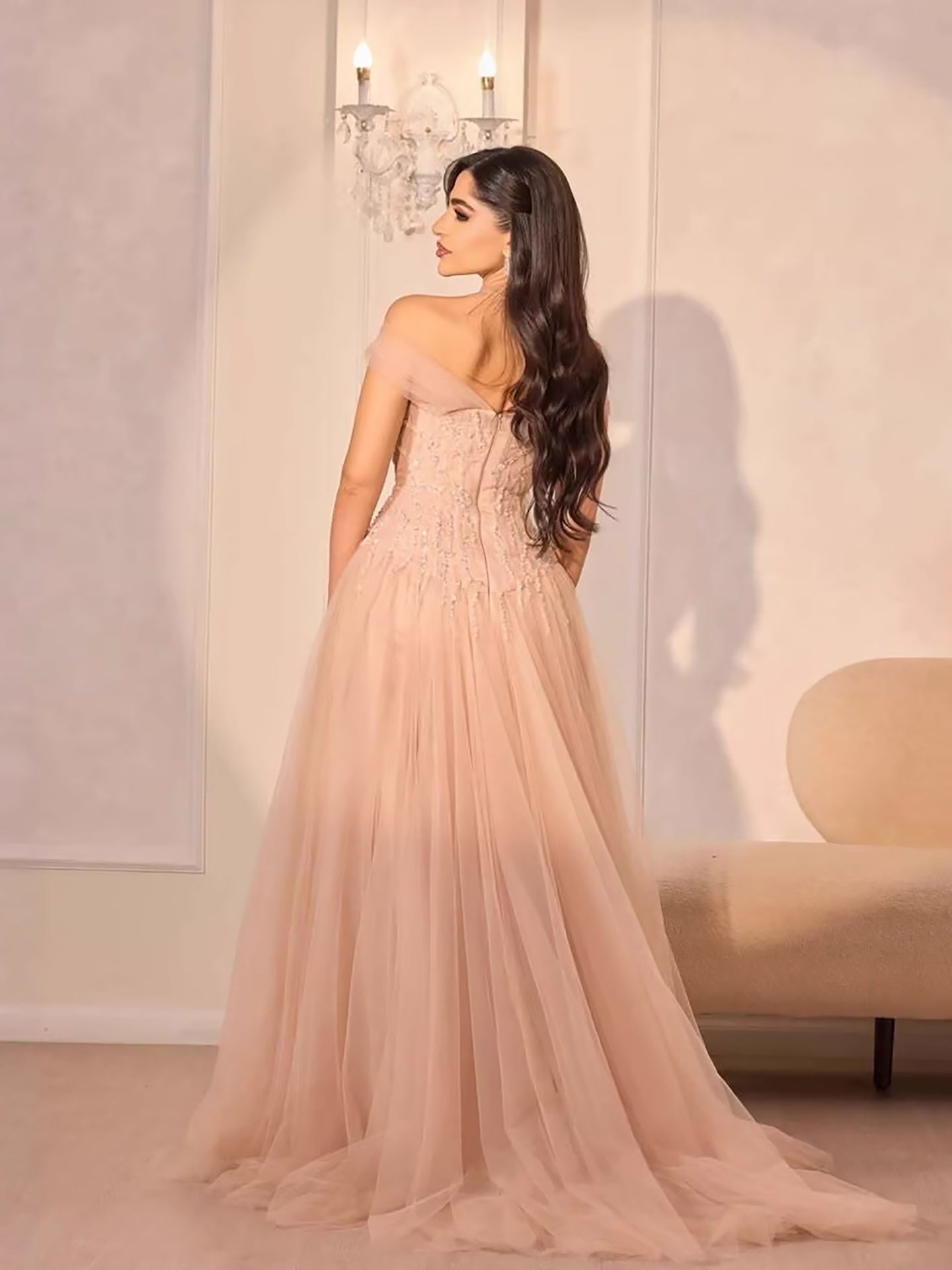 Luxury Pink Beaded A-Line Off-Shoulder Tulle Evening Dress LA73631