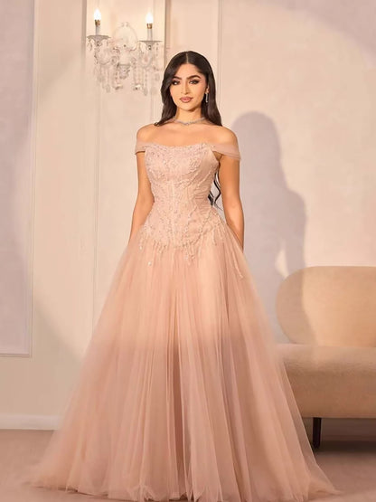 Luxury Pink Beaded A-Line Off-Shoulder Tulle Evening Dress LA73631