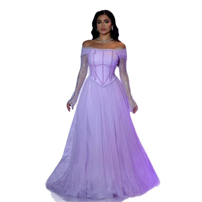 Luxury Lilac Beaded Lace A-Line Off-Shoulder Tulle Evening Dress LA73632