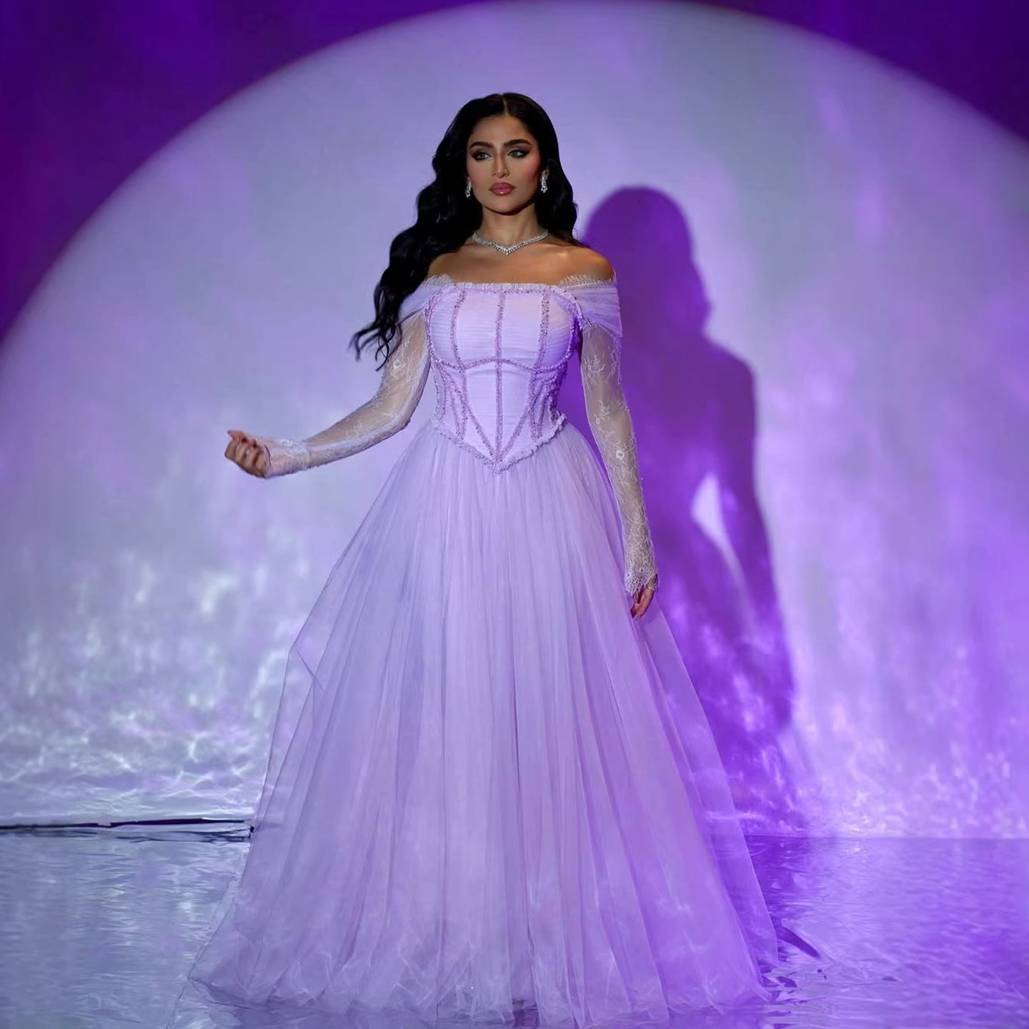 Luxury Lilac Beaded Lace A-Line Off-Shoulder Tulle Evening Dress LA73632