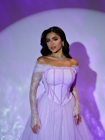 Luxury Lilac Beaded Lace A-Line Off-Shoulder Tulle Evening Dress LA73632