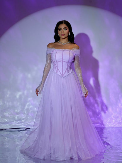 Luxury Lilac Beaded Lace A-Line Off-Shoulder Tulle Evening Dress LA73632