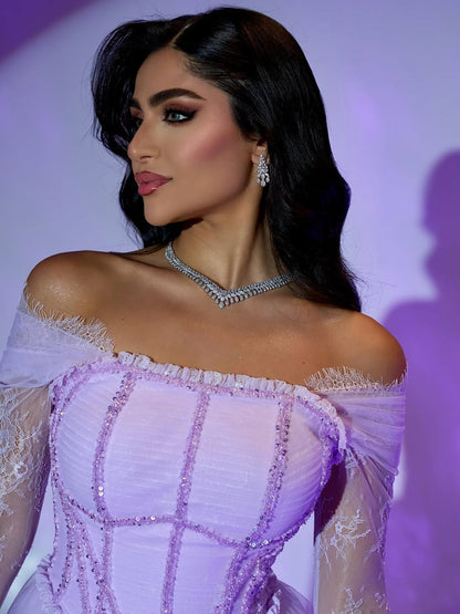 Luxury Lilac Beaded Lace A-Line Off-Shoulder Tulle Evening Dress LA73632