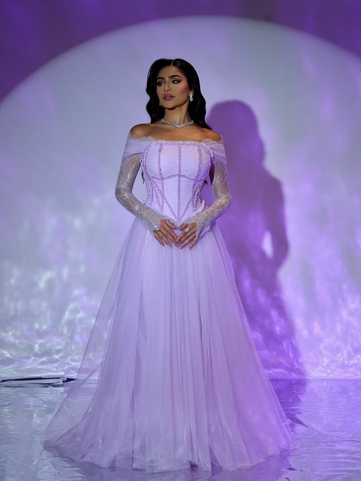 Luxury Lilac Beaded Lace A-Line Off-Shoulder Tulle Evening Dress LA73632