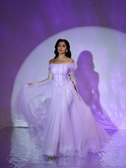 Luxury Lilac Beaded Lace A-Line Off-Shoulder Tulle Evening Dress LA73632