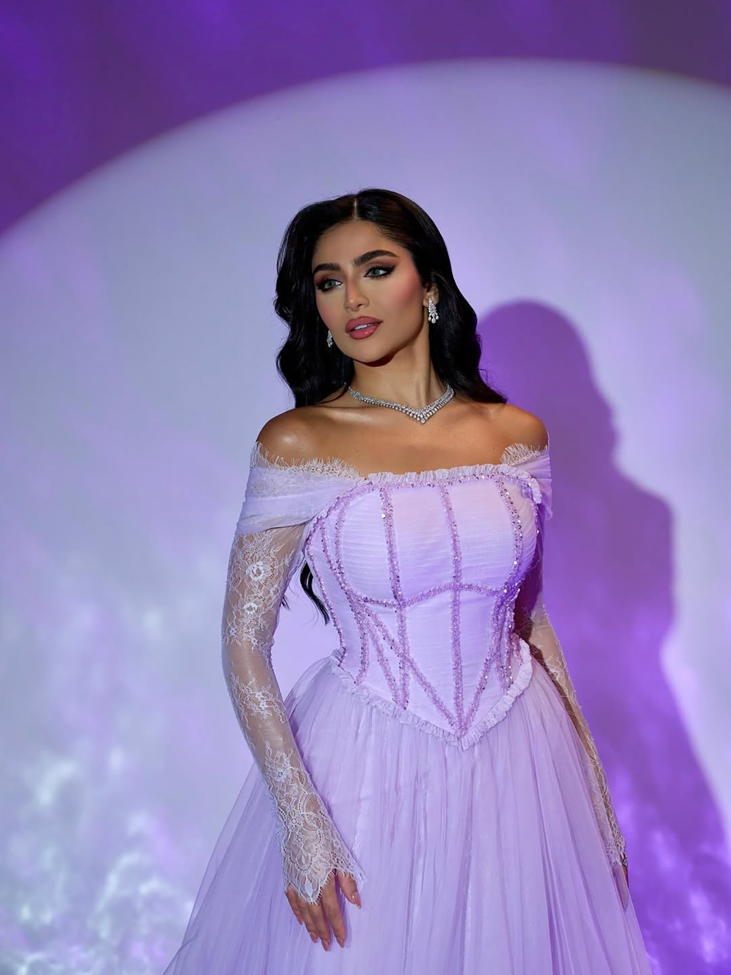 Luxury Lilac Beaded Lace A-Line Off-Shoulder Tulle Evening Dress LA73632