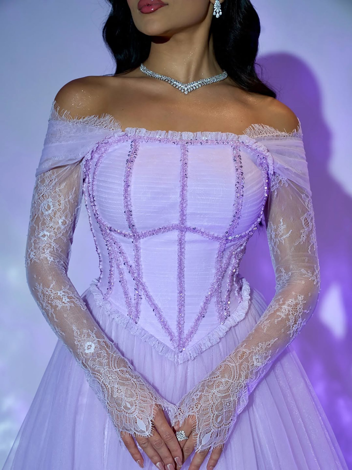 Luxury Lilac Beaded Lace A-Line Off-Shoulder Tulle Evening Dress LA73632