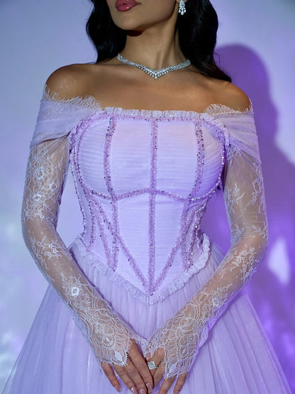 Luxury Lilac Beaded Lace A-Line Off-Shoulder Tulle Evening Dress LA73632