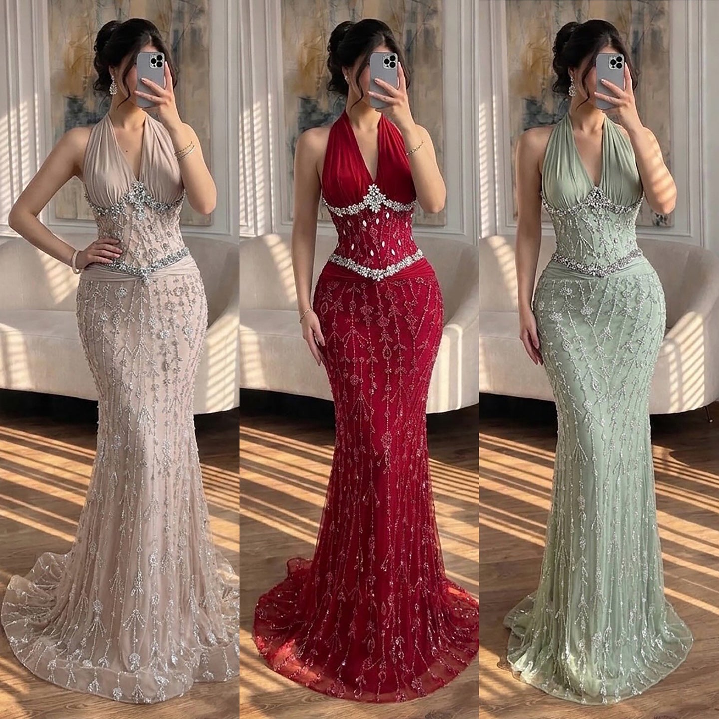 Luxury Nude Crystal Beaded Mermaid Evening Dress LA73635