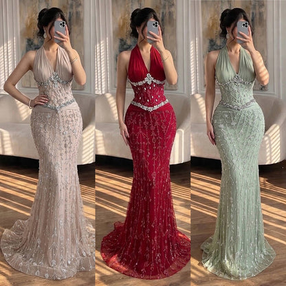 Luxury Nude Crystal Beaded Mermaid Evening Dress LA73635