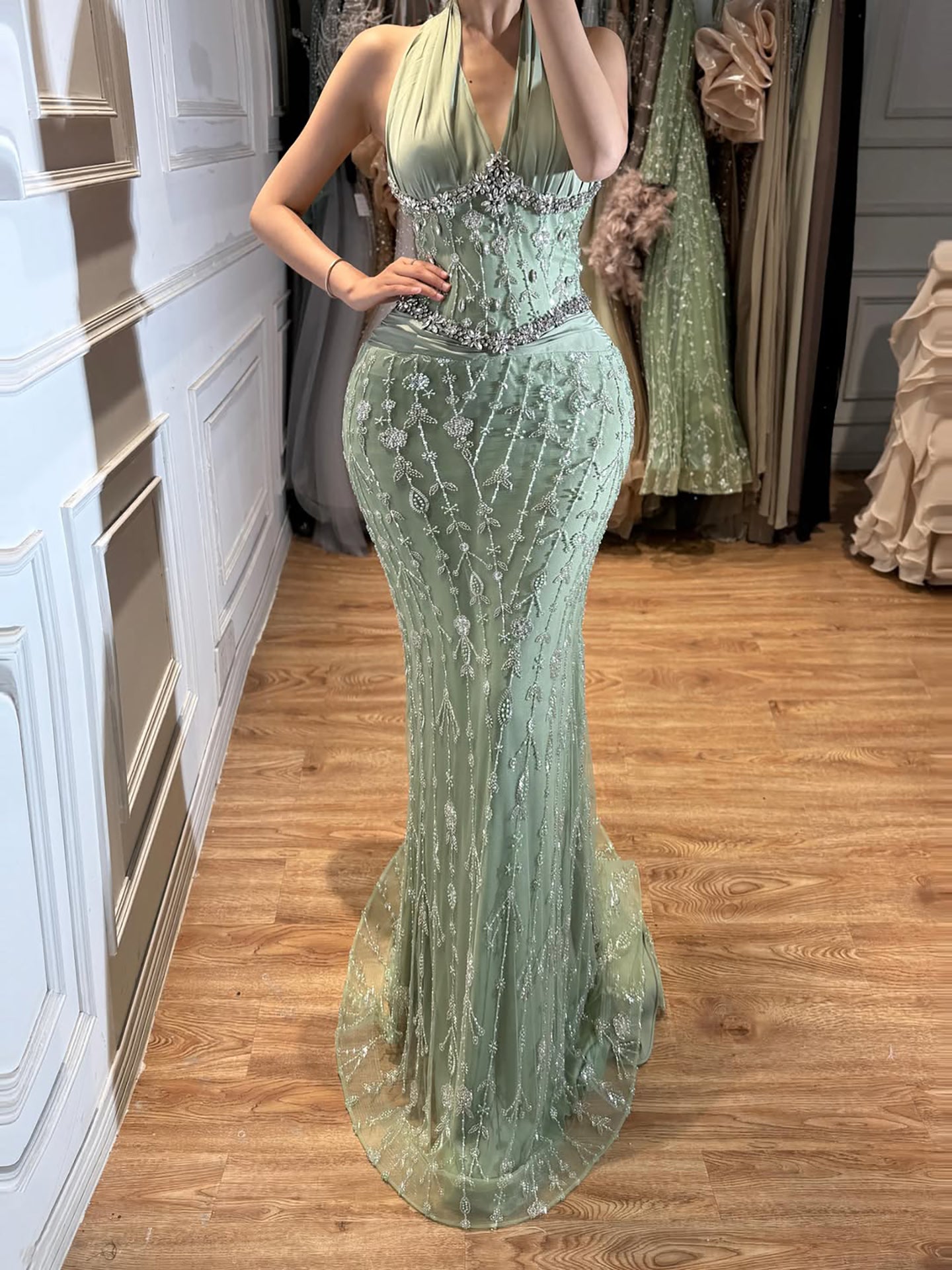 Luxury Nude Crystal Beaded Mermaid Evening Dress LA73635