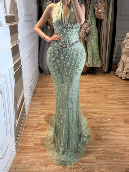 Luxury Nude Crystal Beaded Mermaid Evening Dress LA73635