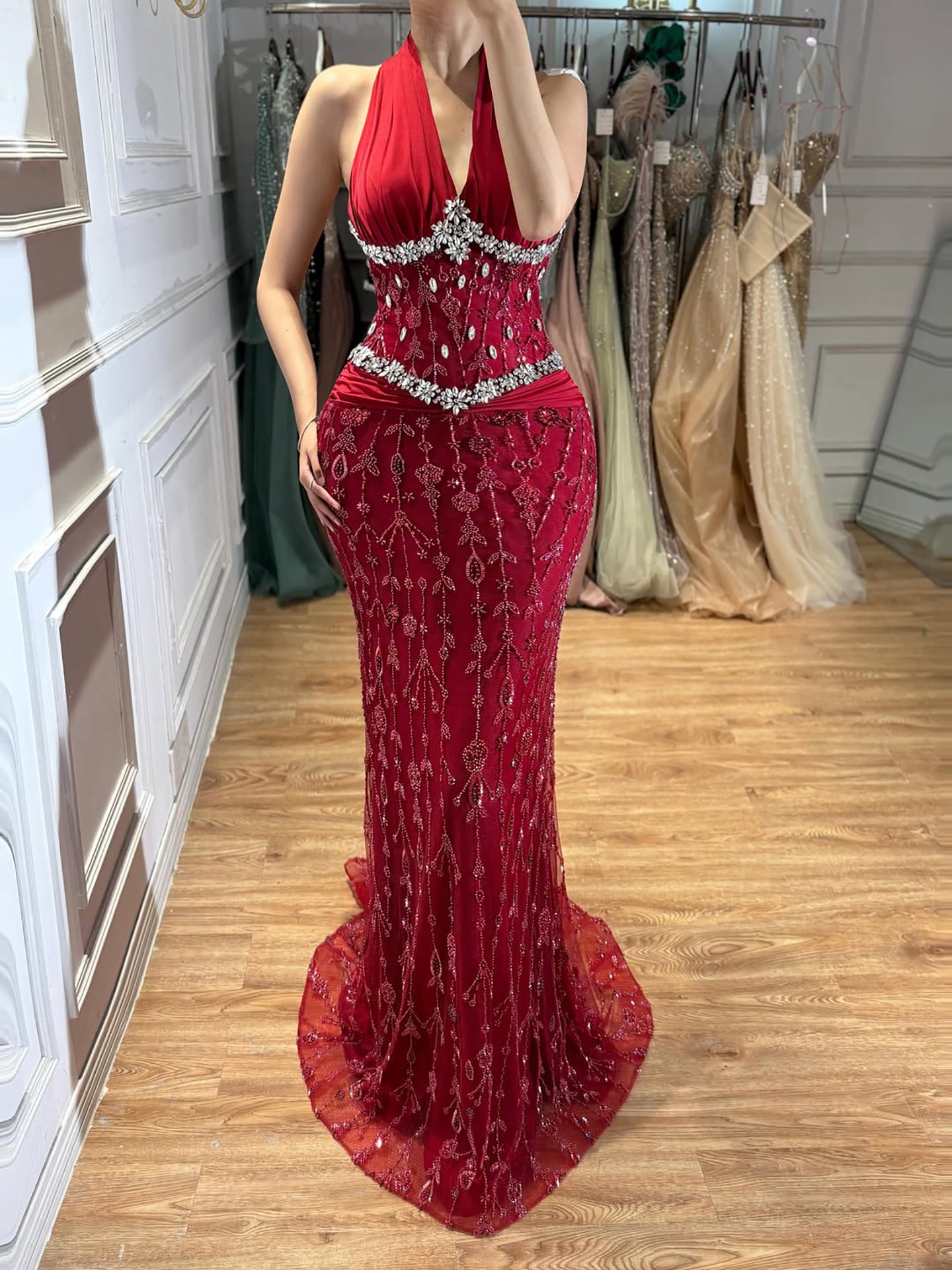 Luxury Nude Crystal Beaded Mermaid Evening Dress LA73635