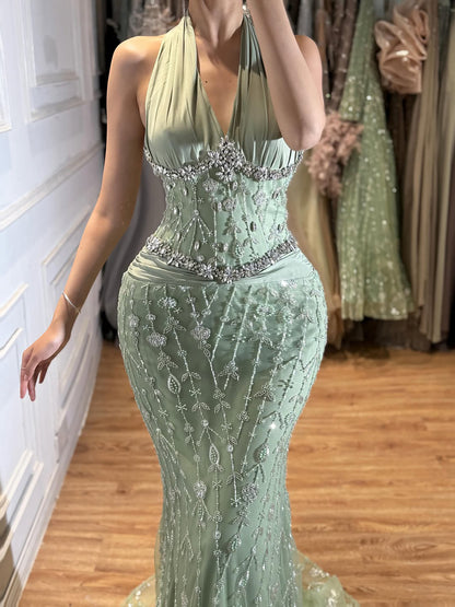 Luxury Nude Crystal Beaded Mermaid Evening Dress LA73635