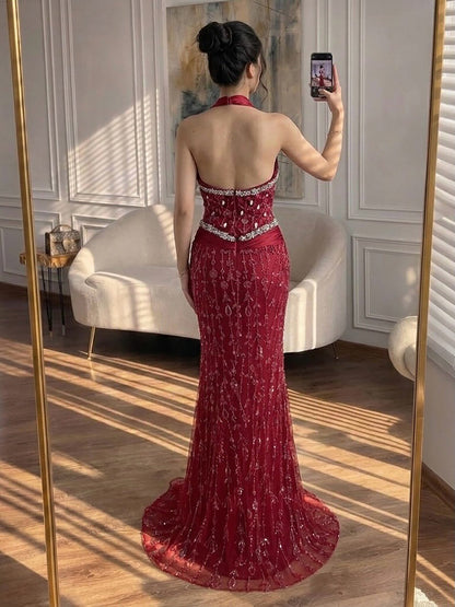 Luxury Nude Crystal Beaded Mermaid Evening Dress LA73635