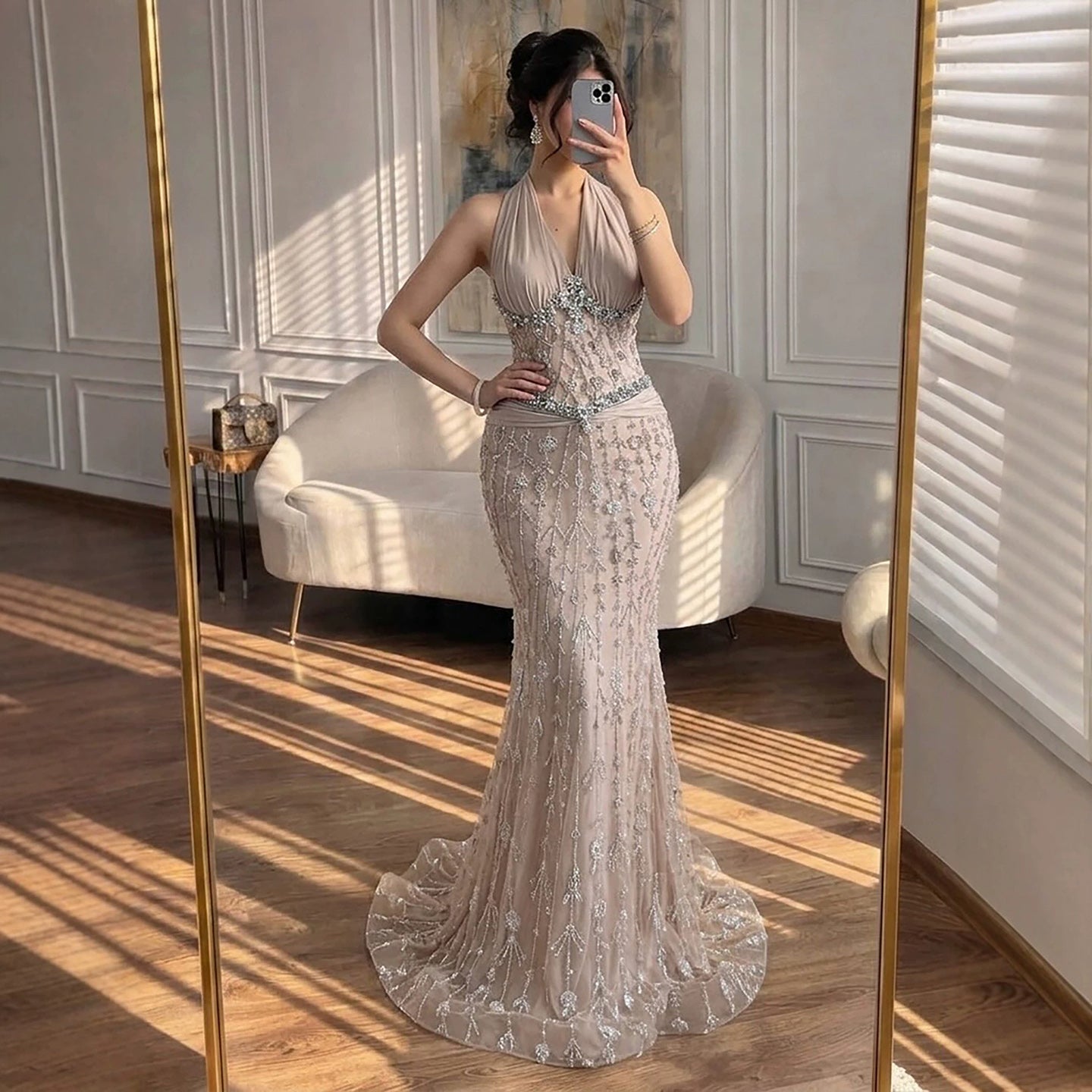 Luxury Nude Crystal Beaded Mermaid Evening Dress LA73635