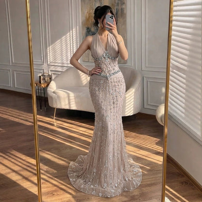 Luxury Nude Crystal Beaded Mermaid Evening Dress LA73635