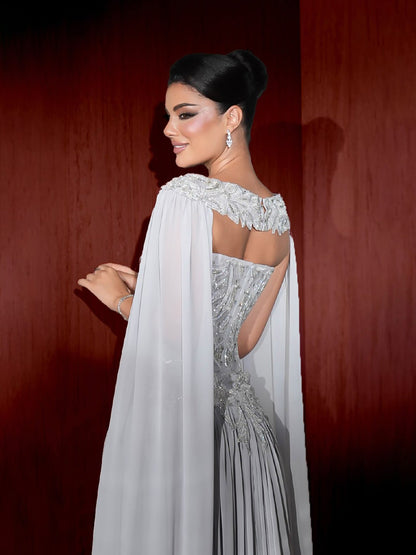 Luxury Gray Beaded Strapless A Line Evening Dress With Cape LA73636