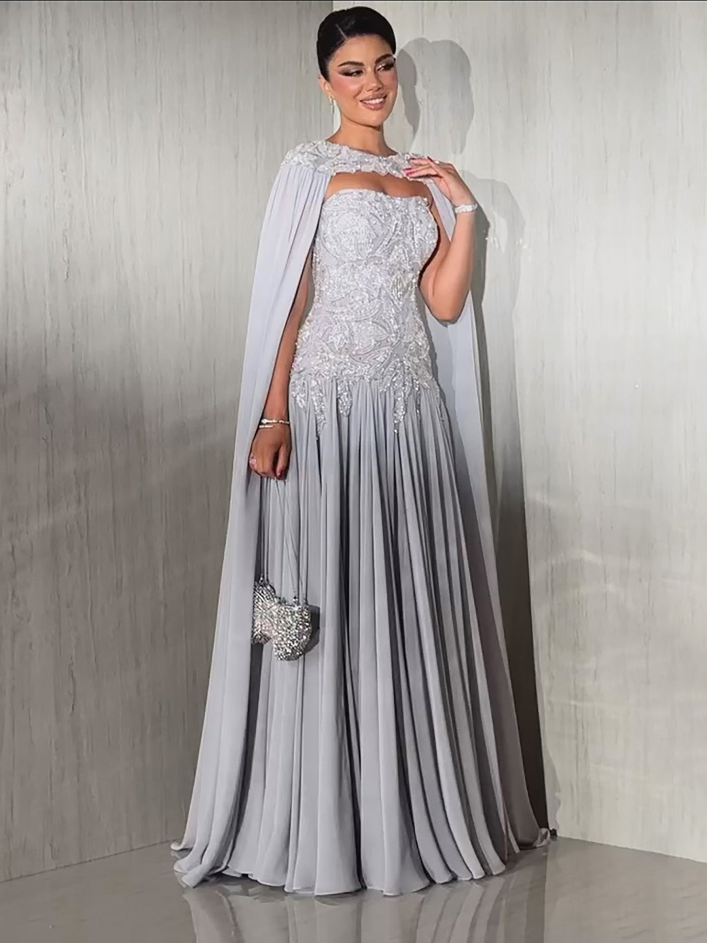 Luxury Gray Beaded Strapless A Line Evening Dress With Cape LA73636