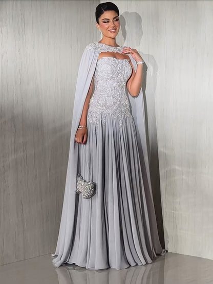 Luxury Gray Beaded Strapless A Line Evening Dress With Cape LA73636
