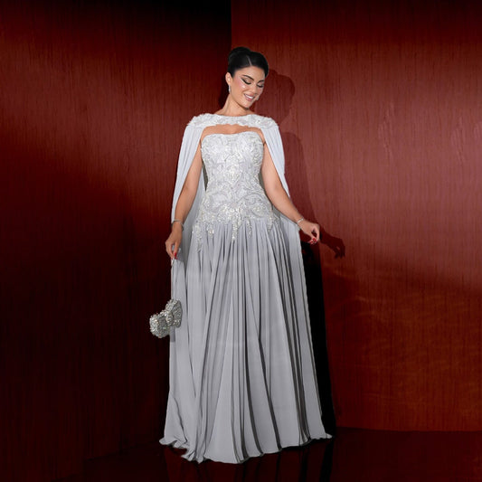 Luxury Gray Beaded Strapless A Line Evening Dress With Cape LA73636