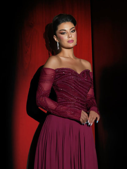 Luxury Wine Red Beaded A Line Evening Dress LA73637