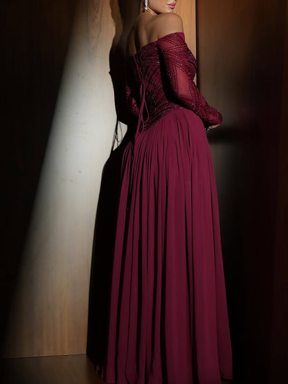 Luxury Wine Red Beaded A Line Evening Dress LA73637