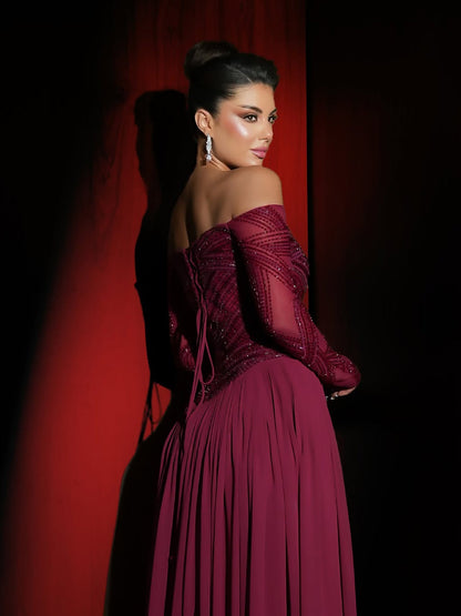 Luxury Wine Red Beaded A Line Evening Dress LA73637