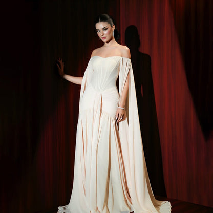 Luxury Cream Chiffon A-Line Evening Dress With Cape Sleeves LA73639