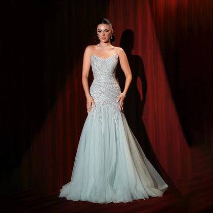 Luxury Sage Green Crystal Beaded Mermaid Strapless Evening Dress LA73640