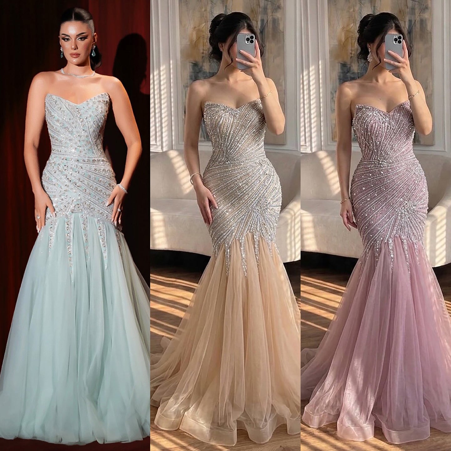 Luxury Sage Green Crystal Beaded Mermaid Strapless Evening Dress LA73640