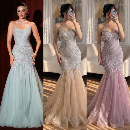 Luxury Sage Green Crystal Beaded Mermaid Strapless Evening Dress LA73640