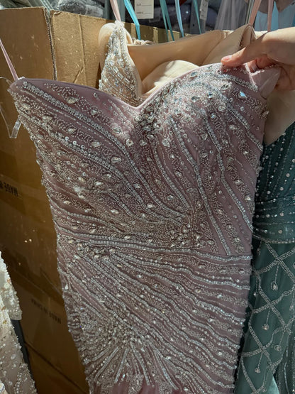 Luxury Sage Green Crystal Beaded Mermaid Strapless Evening Dress LA73640
