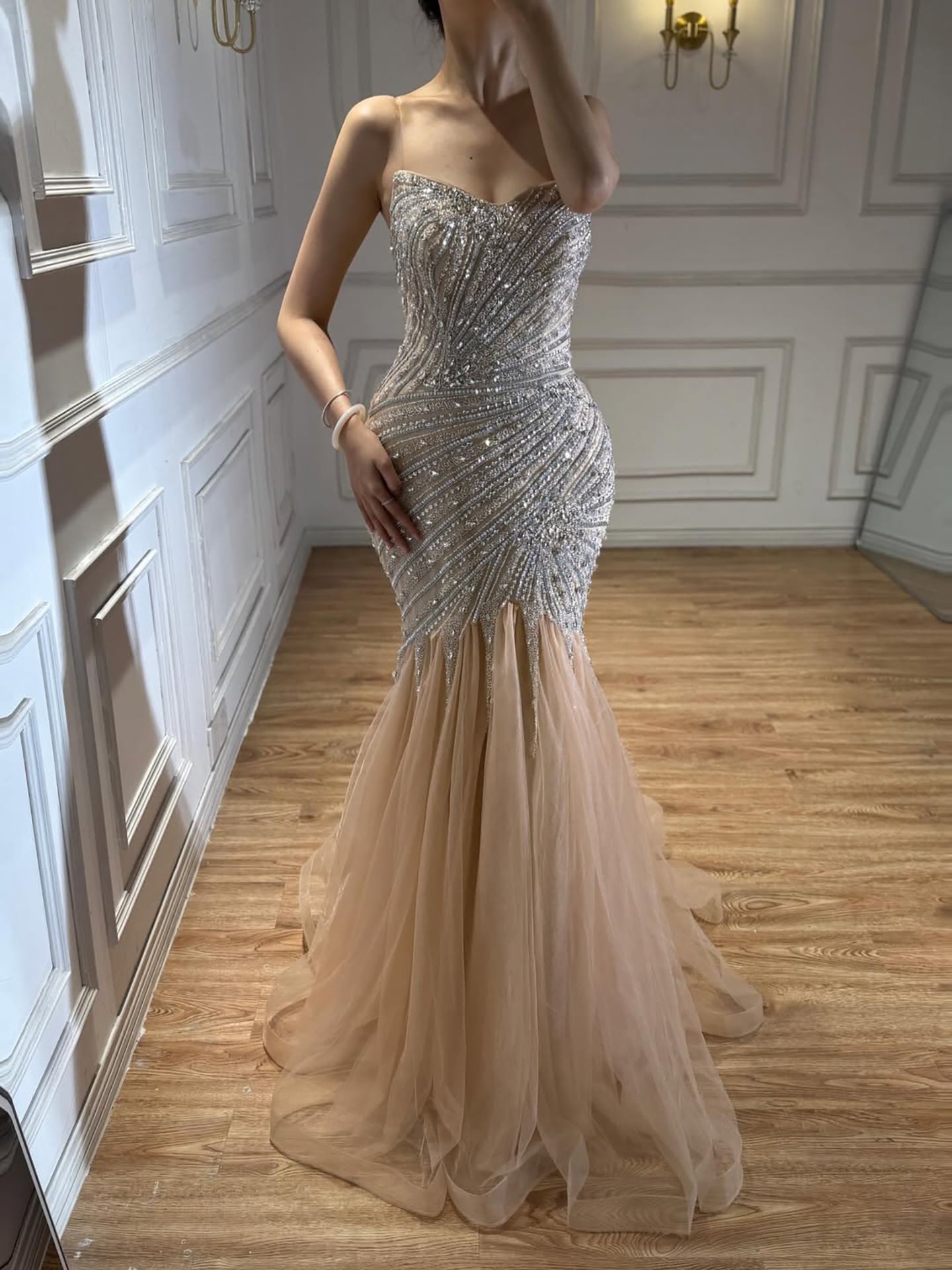 Luxury Sage Green Crystal Beaded Mermaid Strapless Evening Dress LA73640