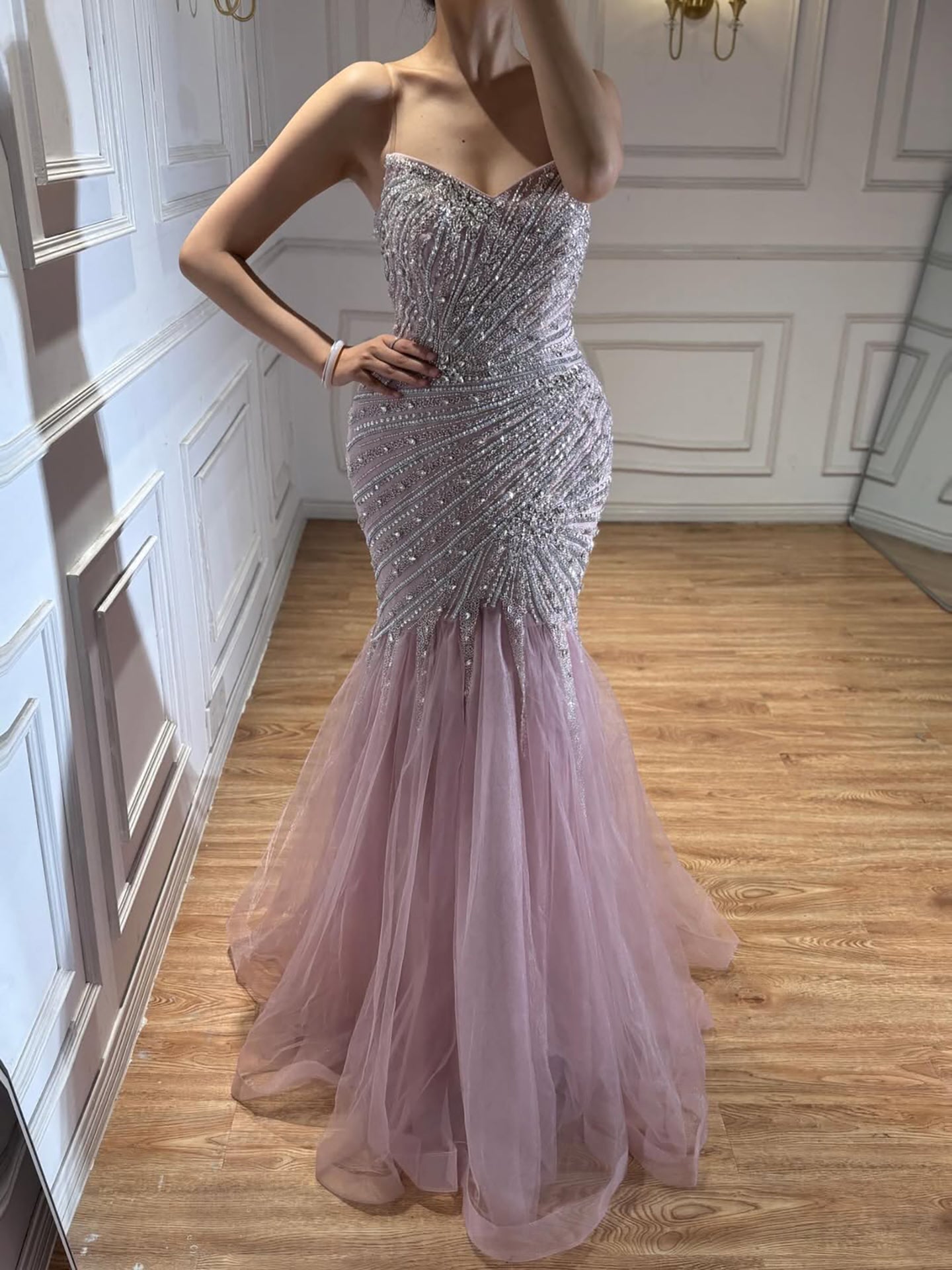 Luxury Sage Green Crystal Beaded Mermaid Strapless Evening Dress LA73640