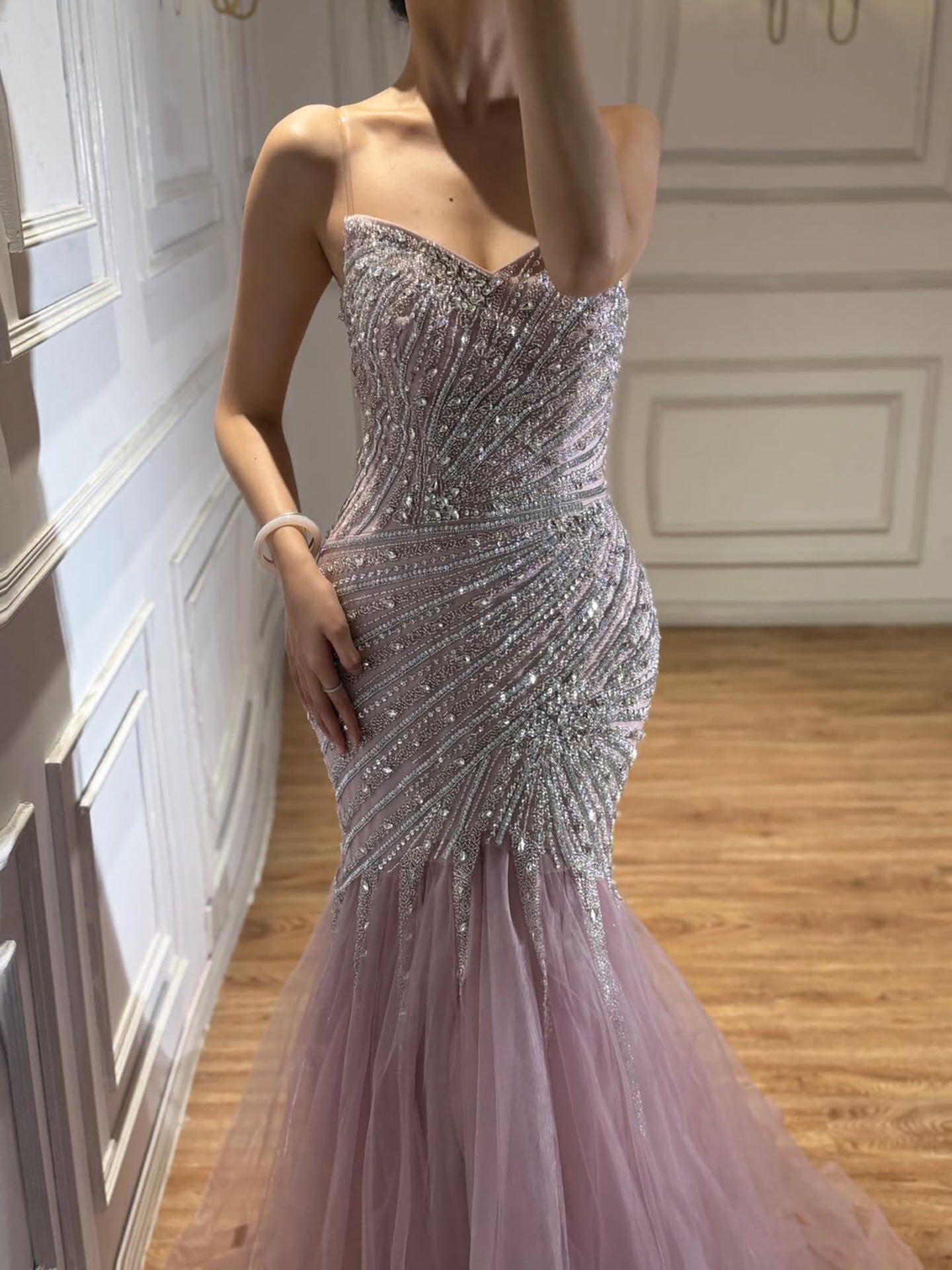 Luxury Sage Green Crystal Beaded Mermaid Strapless Evening Dress LA73640