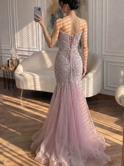 Luxury Sage Green Crystal Beaded Mermaid Strapless Evening Dress LA73640