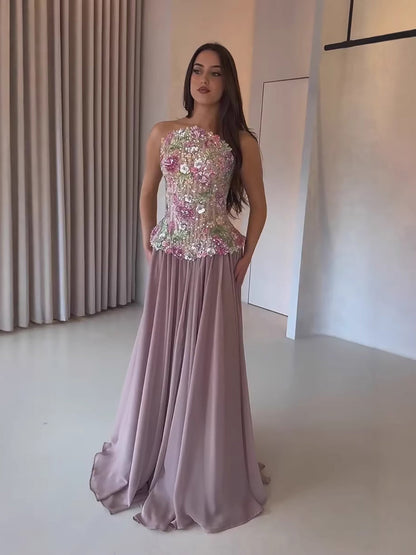 Luxury Pink Appliques Beaded Strapless Evening Dress LA73642