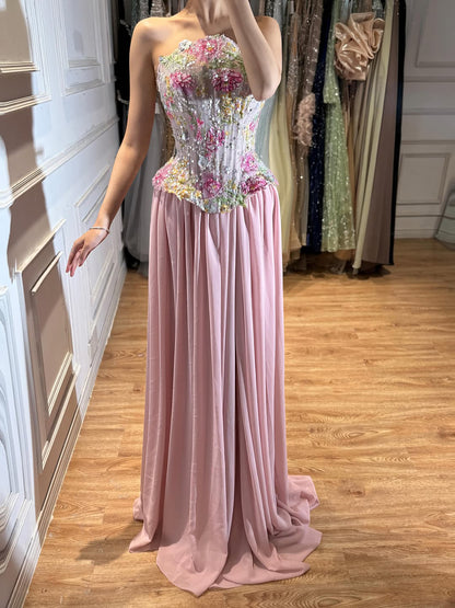 Luxury Pink Appliques Beaded Strapless Evening Dress LA73642