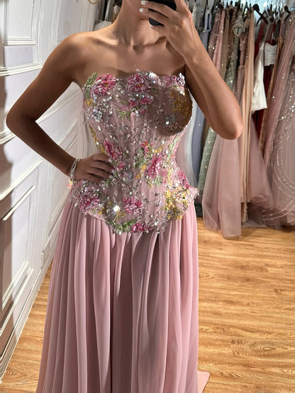 Luxury Pink Appliques Beaded Strapless Evening Dress LA73642
