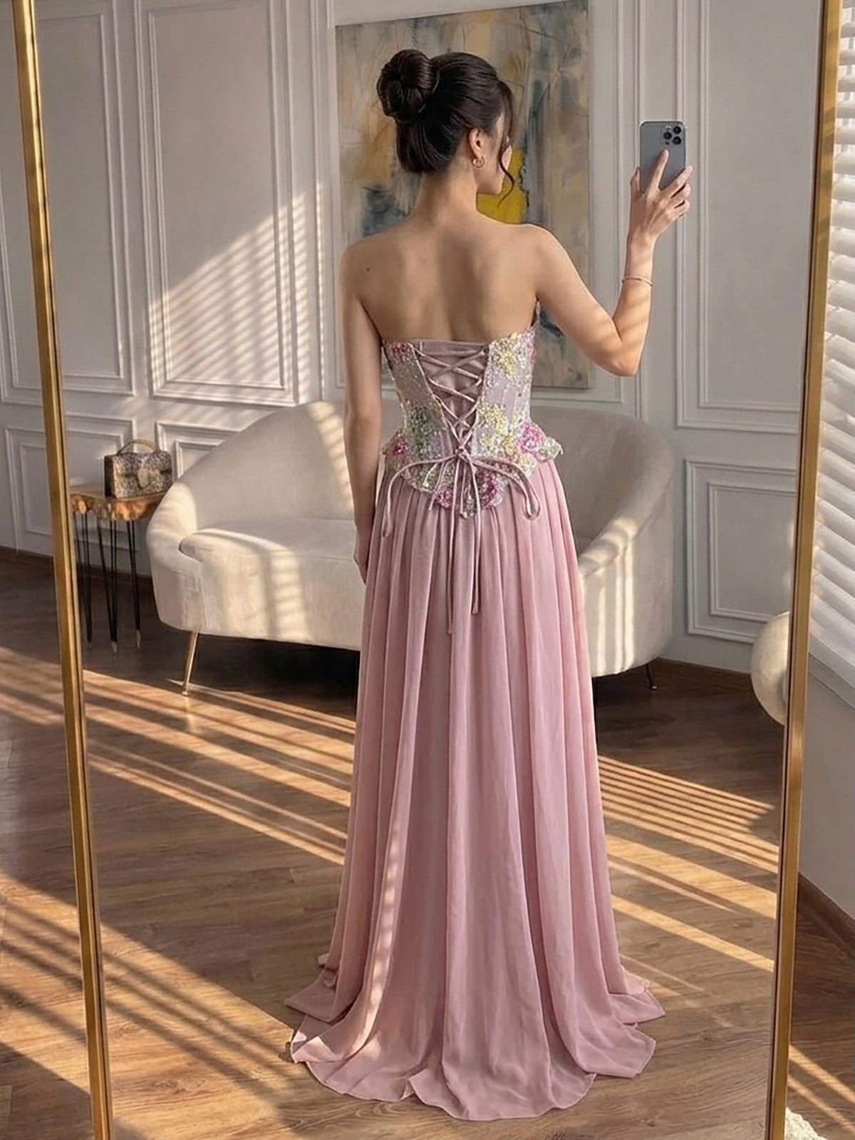 Luxury Pink Appliques Beaded Strapless Evening Dress LA73642