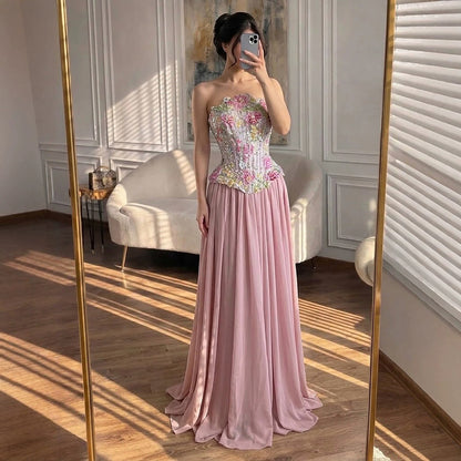 Luxury Pink Appliques Beaded Strapless Evening Dress LA73642