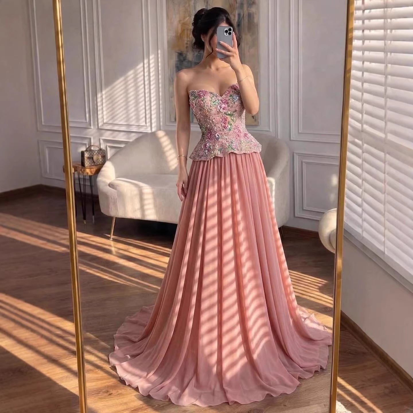 Luxury Pink Strapless Sweetheart Beaded Floral A-Line Evening Dress LA73643