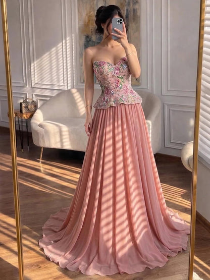Luxury Pink Strapless Sweetheart Beaded Floral A-Line Evening Dress LA73643