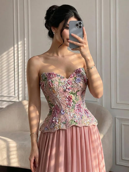 Luxury Pink Strapless Sweetheart Beaded Floral A-Line Evening Dress LA73643